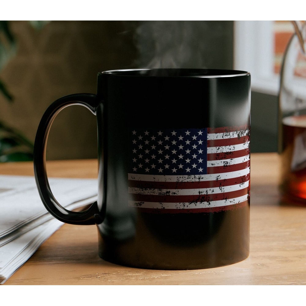 Destressed American Flag Black Mug Patriotic coffee mug gift Independence Day Mug Gift Patriotic flag mug with stars stripes Mug for dad.jpg