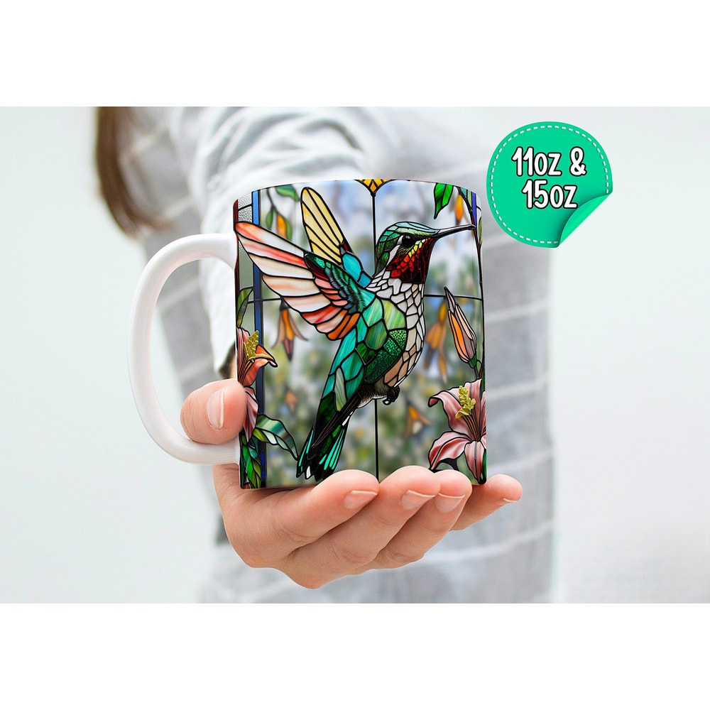 Elegant Boho Hummingbird Mug with Stained Glass Art Perfect Nature Lover Gift, Aesthetic Mug for Outdoor Enjoyment and Mother's Day.jpg
