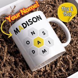 nyt spelling bee mug, personalized name wordle mug, custom 2 sided large mug, office & co-worker gift