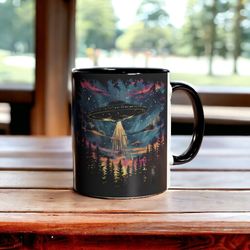 alien ship coffee mug, ceramic ufo mug, ufo over forest 11oz alien mug, ufo coffee mug, space mug, alien gift