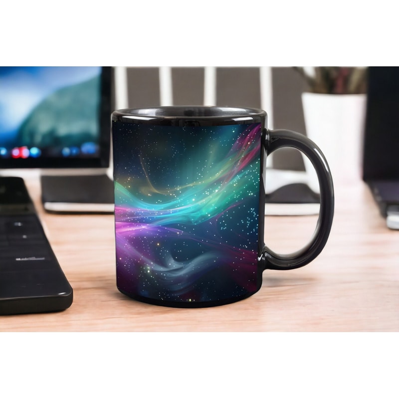 Cosmic Rainbow Mug, 11oz Ceramic Mug Swirling Light Waves & Stars, Ceramic Space Mug, Space Coffee Cup, Rainbow Colors Mug, Space Lover Gift.jpg