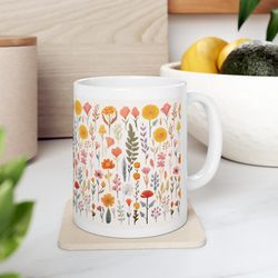 meadow mug, flowers, pressed flower mug, coffee mug, cottage mug, flower mug, tea lover gift, floral mug, soft pastel