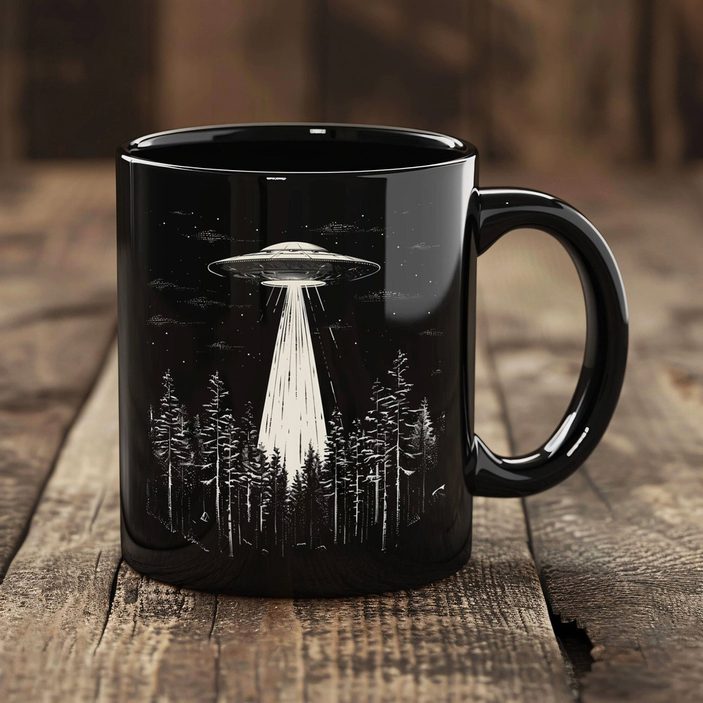 UFO Coffee Mug, Black UFO Mug, UFO Over Forest Ceramic 11oz, Alien Coffee Cup, Space Cup, Alien Gift, Sci-Fi Mug, Gift for Sci-Fi Lovers.jpg