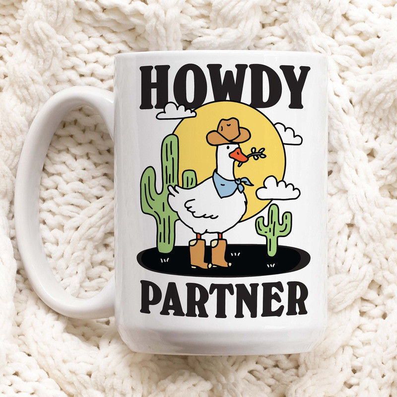 Cowboy Goose Coffee Mug, Howdy Partner Cowgirls Quote Cup, Duck Lover Gift, Western Sheriff Goose Mug, Friend Gift Idea, Silly Novelty Gift.jpg