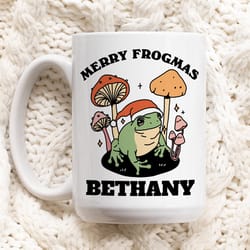custom frog coffee mug, merry frogmas ceramic mug, frog lover gift, girlfriend wife gift idea, personalized christmas mu
