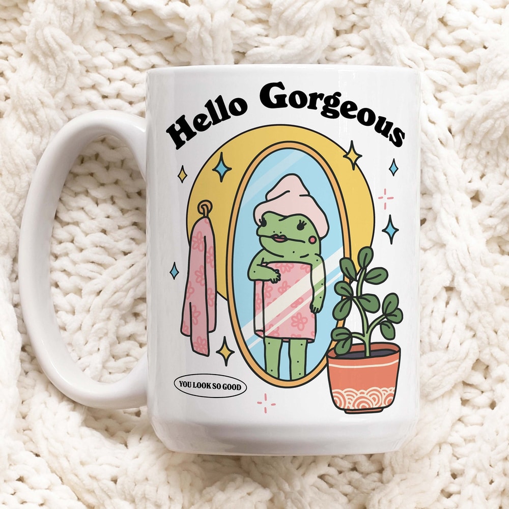Retro Frog Self Love Coffee Mug, Hello Gorgeous Girly Mug, Coffee Lover Gift Idea, 80s Retro Quote, Frog Lover Gift Mug, Aesthetic Cup.jpg