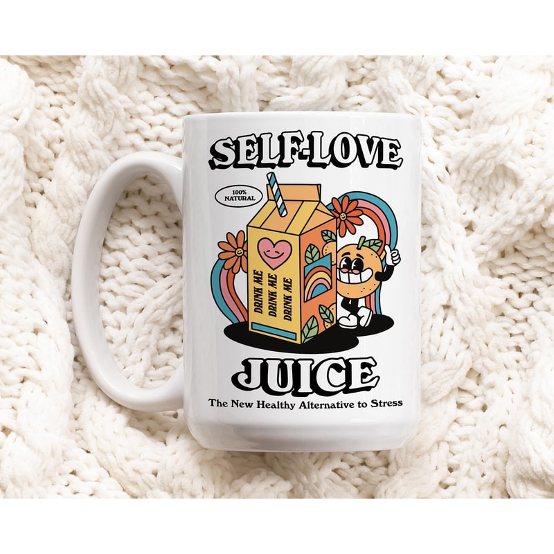 Retro Self Love Juice Coffee Mug, Groovy Colorful Mug, Coffee Lover Gift Idea, 80s Retro Quote, Artist Gift Mug, Aesthetic Ceramic Cup.jpg