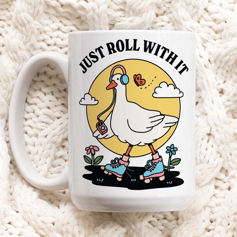 Rollerskating Goose Cottagecore Coffee Mug, Just Roll With It Quote, Retro 80s Teacher Cup, Hippie Office Gifts, Unique Mug, Novelty Gift.jpg