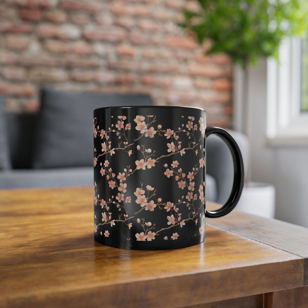 Sakura Floral Black Mug 11oz cup gift for her gift for her.jpg