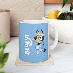 adorable bluey mug, heeler family adventure vibrant 11oz ceramic bluey mum, dad and bingo