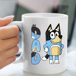 blue dog inspired mug, tumblers bluey chilli cool dad mug, bandit dad coffee mug, bluey chilli heeler fathers day gift