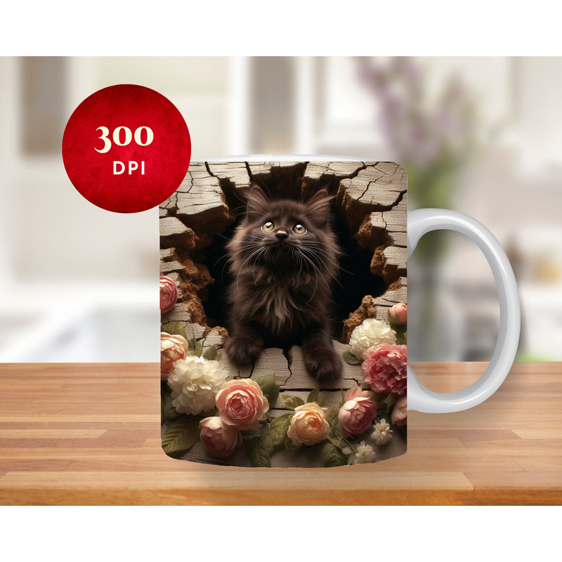 3D Black Kitten Hole In A Wall Mug Wrap, 11oz & 15oz Mug Template, Mug Sublimation Design, Mug Wrap Template PNG, 3D Cat Mug Press Design, 1.jpg