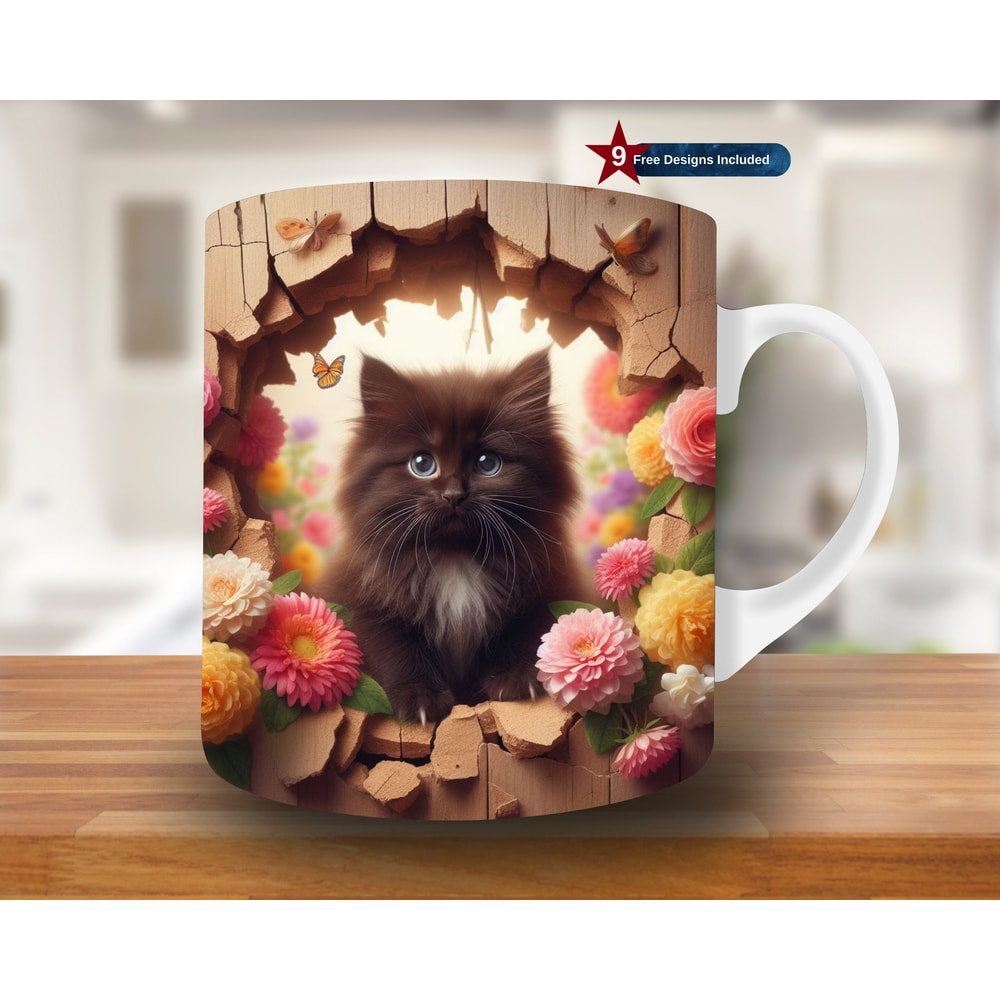 3D Black Kitten Hole in a Wooden Wall Mug Wrap, 11oz & 15oz Mug Template, Mug Sublimation Design, Mug Wrap Template, Digital Download PNG.jpg