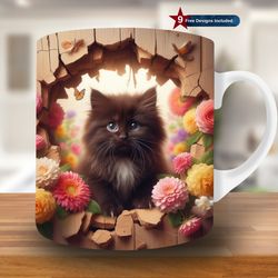 3d black kitten hole in a wooden wall mug wrap, 11oz & 15oz mug template, mug sublimation design, mug wrap template
