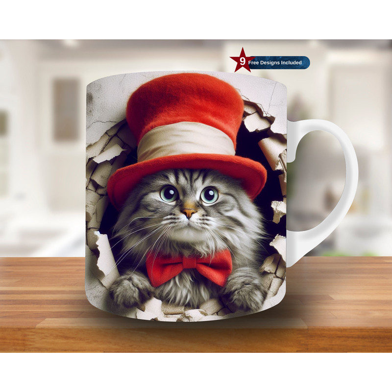 3D Cat in Hat Hole in a Wall Mug Wrap, 11oz & 15oz Mug Template, Mug Sublimation Design, Mug Wrap Template, Digital Download PNG, kitten mug.jpg
