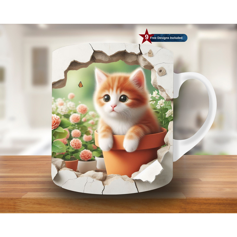 3D Cat in Pot Hole in a Wall Mug Wrap, 11oz & 15oz Mug Template, Mug Sublimation Design, Mug Wrap Template, Digital Download PNG, kitten.jpg