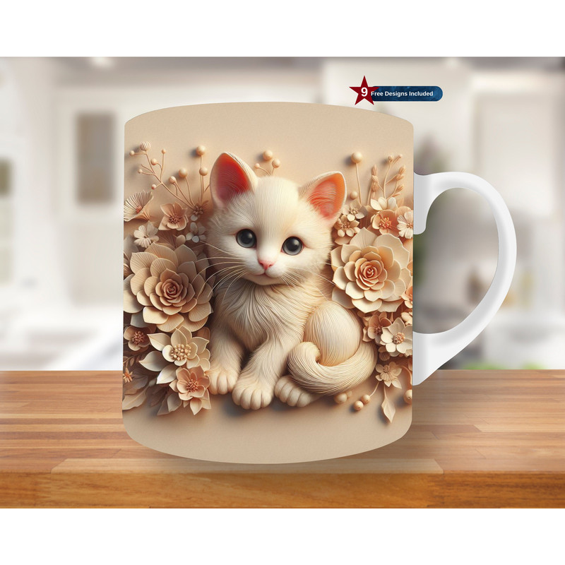 3D Cute Kitten Mug Wrap, 11oz & 15oz Mug Template, Mug Sublimation Design, Mug Wrap Template PNG, Cat Mug Press Design, digital download,PNG.jpg
