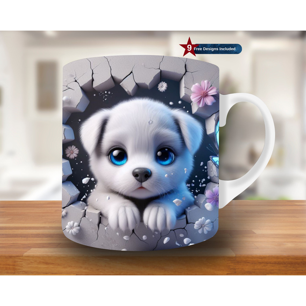 3D Cute Puppy Hole in a Wall Mug Wrap, 11oz & 15oz Mug Template, Mug Sublimation Design, Mug Wrap Template, Instant Digital Download PNG.jpg