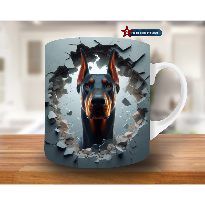3D Dobermann Hole in a Wall Mug Wrap, 11oz & 15oz Mug Template, Mug Sublimation Design, Mug Wrap Template, Digital Download PNG,dog mug wrap.jpg