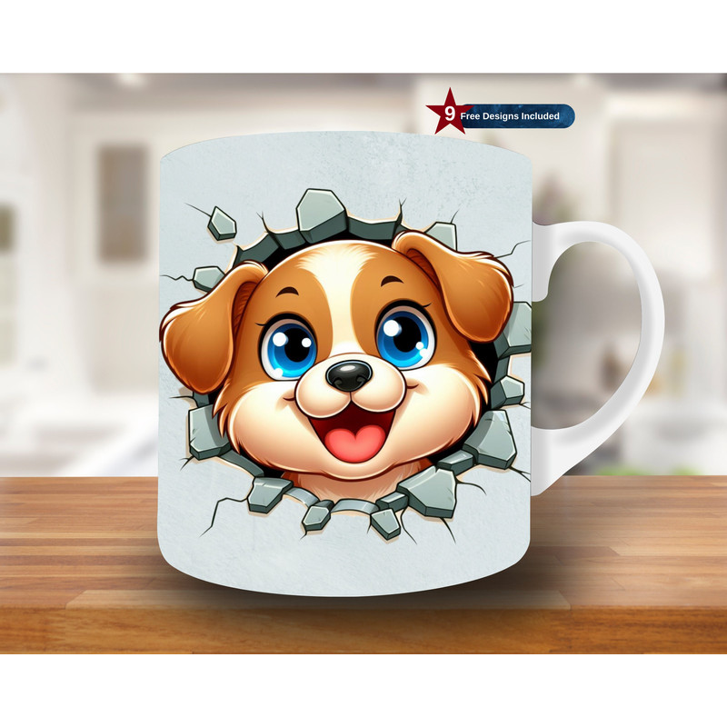 3D Dog Hole in a Wall Mug Wrap, 11oz & 15oz Mug Template, Mug Sublimation Design, Mug Wrap Template, Digital Download PNG,for kids,Puppy mug.jpg