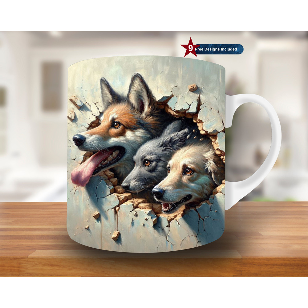 3D Dogs Hole in a Wall Mug Wrap, 11oz & 15oz Mug Template, Mug Sublimation Design, Mug Wrap Template, Instant Digital Download PNG, animal.jpg