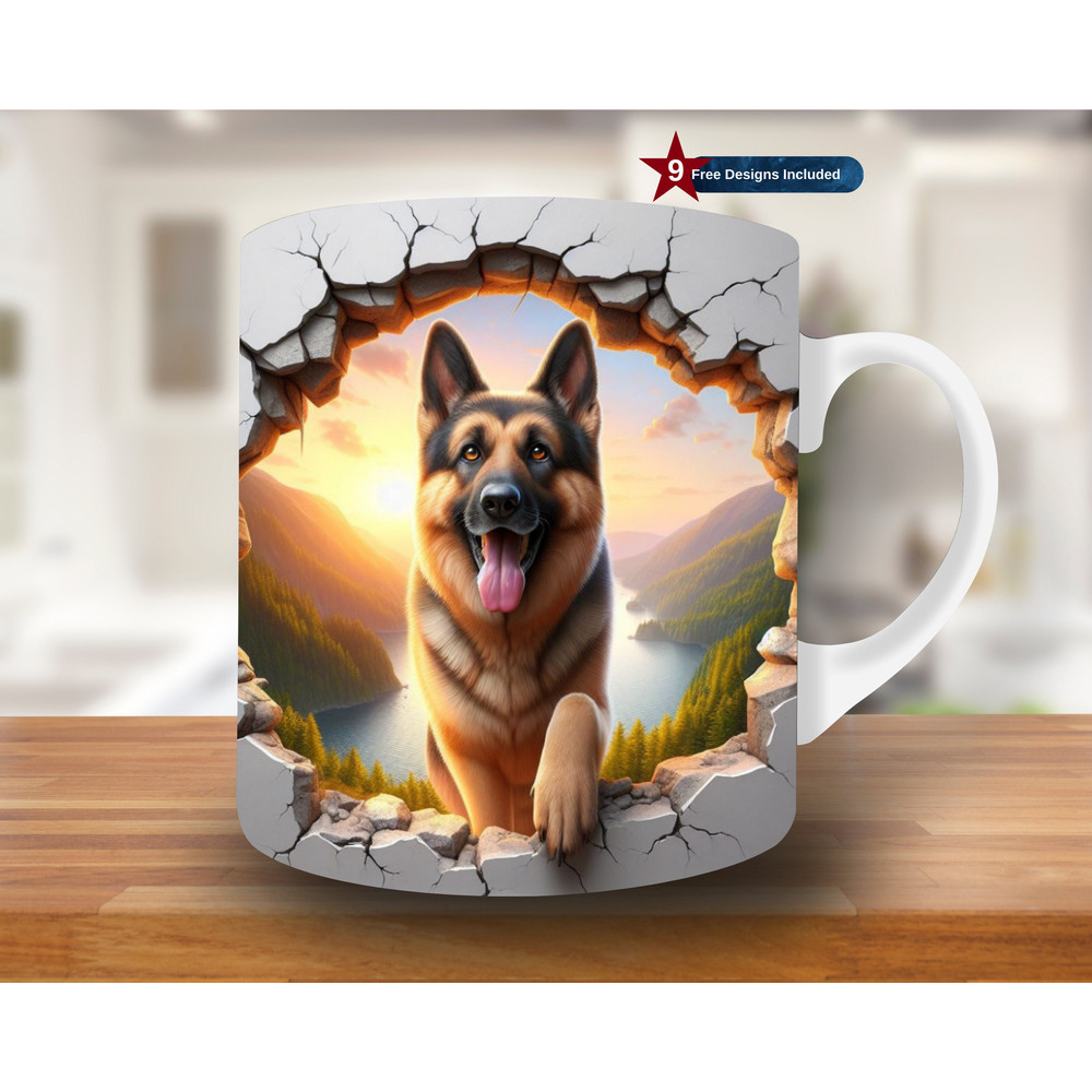 3D German Shepherd Hole in a Wall Mug Wrap, 11oz & 15oz Mug Template, Mug Sublimation Design, Mug Wrap Template, Digital Download PNG, dog.jpg