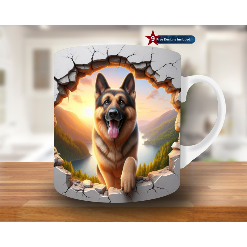 3D German Shepherd Hole in a Wall Mug Wrap, 11oz & 15oz Mug Template, Mug Sublimation Design, Mug Wrap Template, Digital Download PNG, dog.jpg