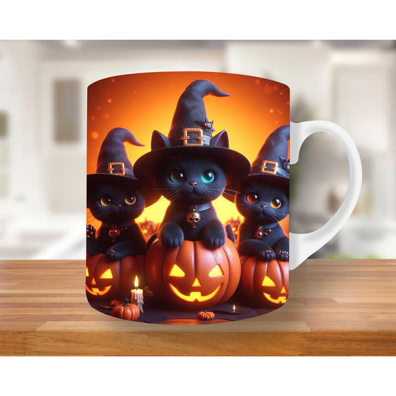 3D Halloween Kittens in Hat Mug Wrap, 11oz & 15oz Mug Template, Mug Sublimation Design, Mug Wrap Template PNG, 3D Cat Mug Press Design, cat.jpg