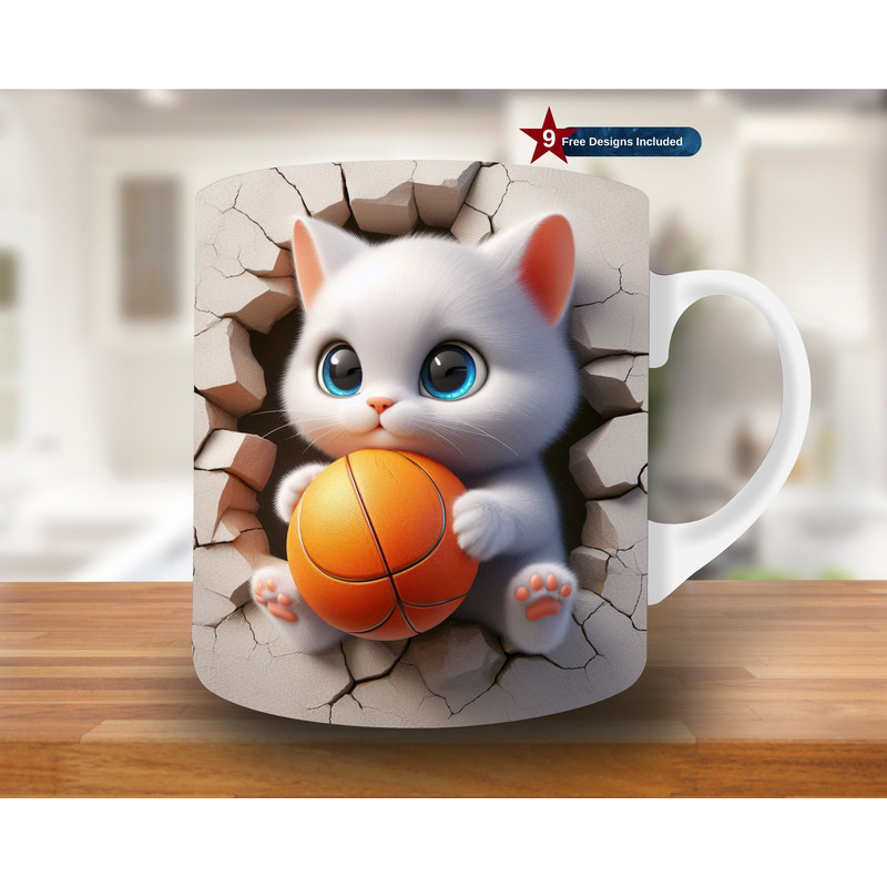 3D Kitten Ball Hole in a Wall Mug Wrap, 11oz & 15oz Mug Template, Mug Sublimation Design, Mug Wrap Template, Digital Download PNG, cat PNG.jpg