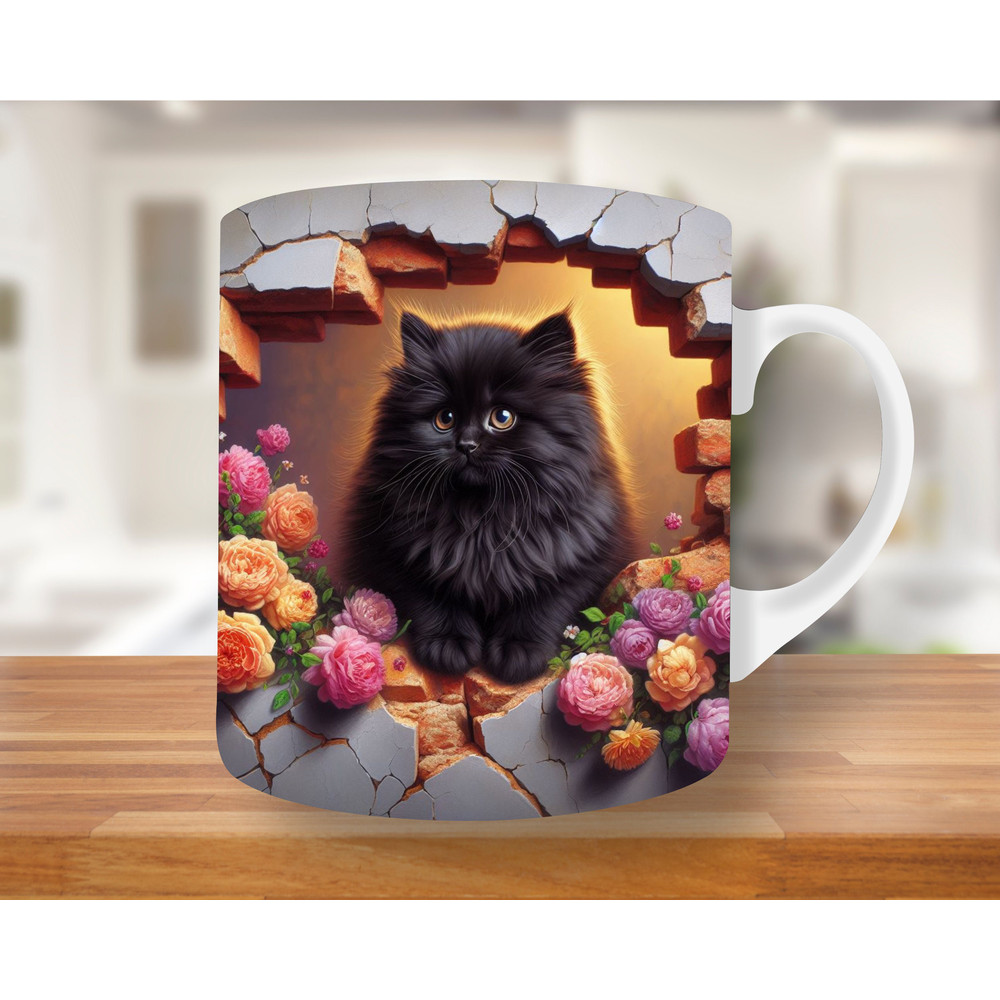 3D Kitten Crack In A Wall Mug Wrap, 11oz & 15oz Mug Template, Mug Sublimation Design, Mug Wrap Template PNG, 3D Cat Mug Press Design, Black.jpg