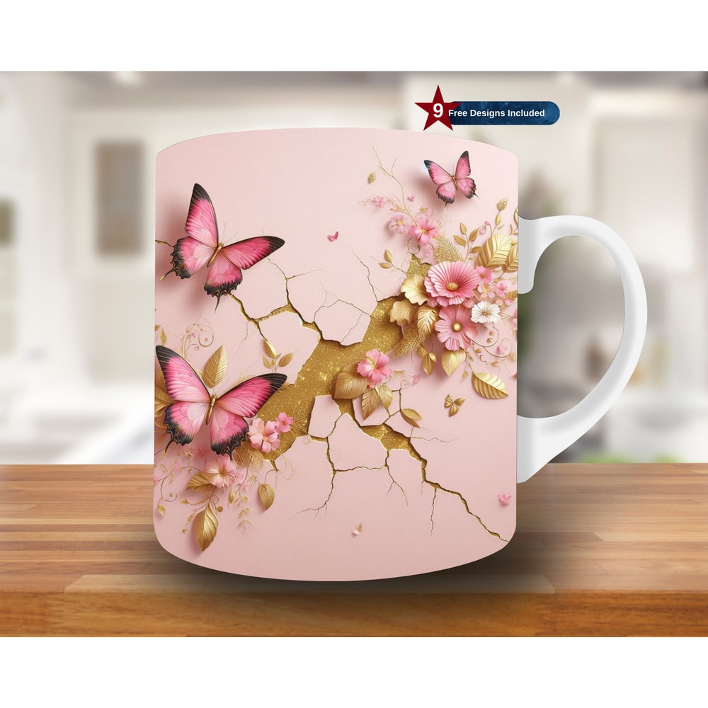 3D Pink Butterfly Crack In A Wall Mug Wrap, 11oz & 15oz Mug Design, Flower Mug Sublimation Design, Mug Wrap Template PNG, Coffee Mug, gold.jpg