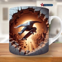 3d skate board hole in a wall mug wrap, 11oz & 15oz mug template, mug sublimation design, mug wrap template, mug wrap