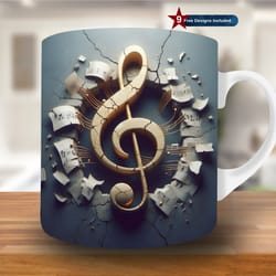 3d treble clef and music notes mug wrap, 11oz & 15oz mug template, mug sublimation design,mug wrap template