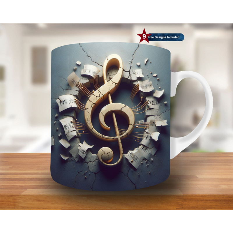 3D Treble Clef and Music Notes Mug Wrap, 11oz & 15oz Mug Template, Mug Sublimation Design,Mug Wrap Template,Digital Download PNG,music lover.jpg