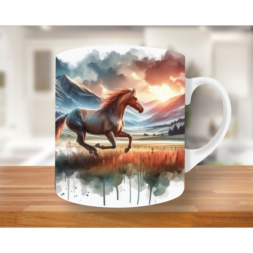 3D Watercolor Running Horse Mug Wrap, 11oz & 15oz Mug Template, Flower Mug Sublimation Design, Mug Wrap Template PNG, horse mug wrap png.jpg