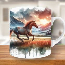 3d watercolor running horse mug wrap, 11oz & 15oz mug template, flower mug sublimation design, mug wrap template