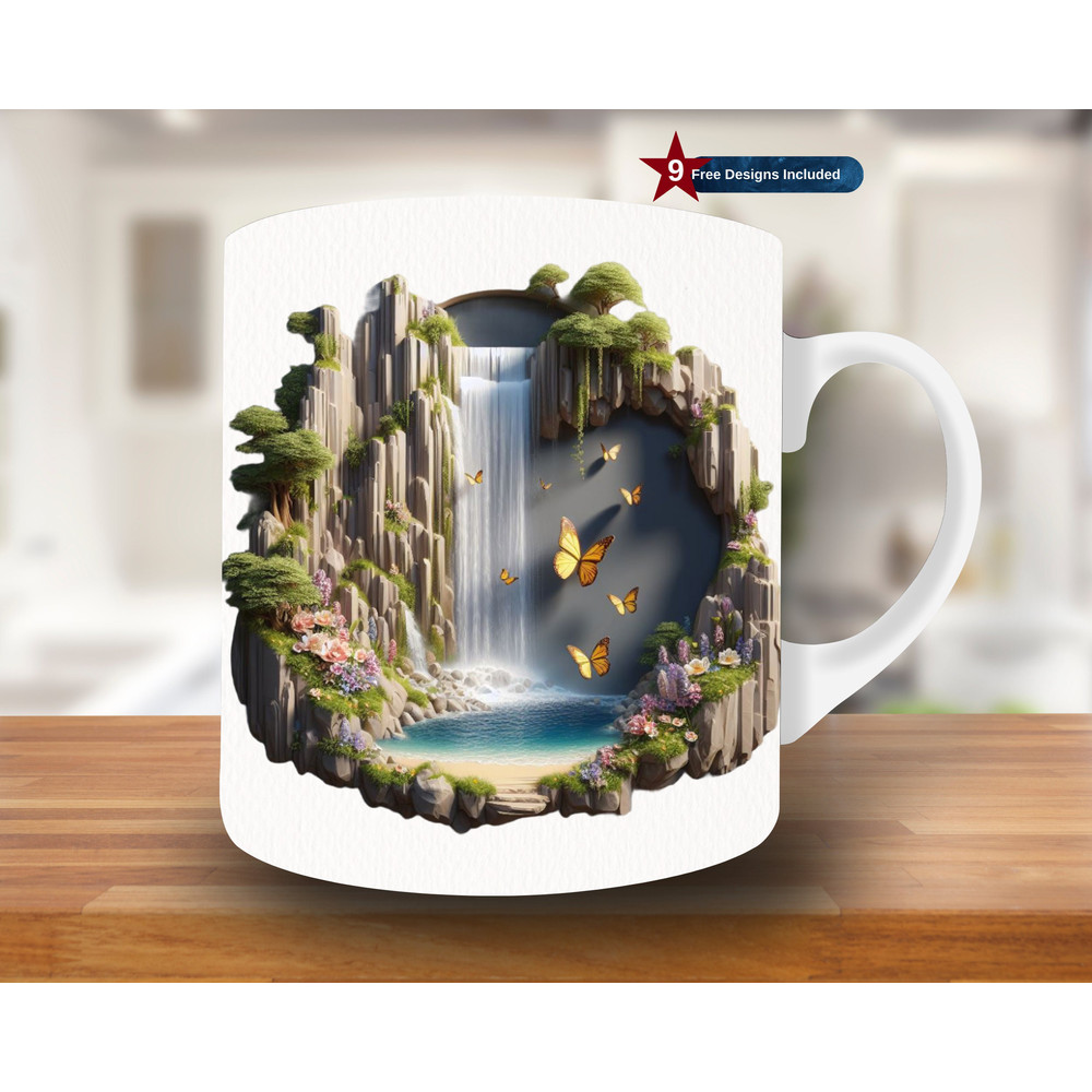 3D Waterfall Mug Wrap, 11oz & 15oz Mug Template, Landscape Mug Sublimation Design, Mug Wrap Template,Instant Download PNG, gift nature lover.jpg