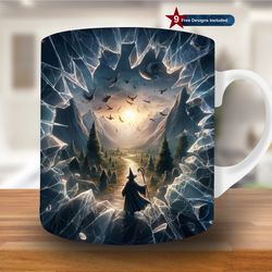 3d wizard hole in a wall mug wrap, 11oz & 15oz mug template, eagle mug sublimation design, mug wrap template