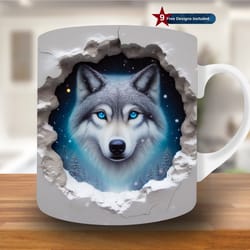 3d wolf hole in a wall mug wrap, 11oz & 15oz mug template, mug sublimation design, mug wrap template