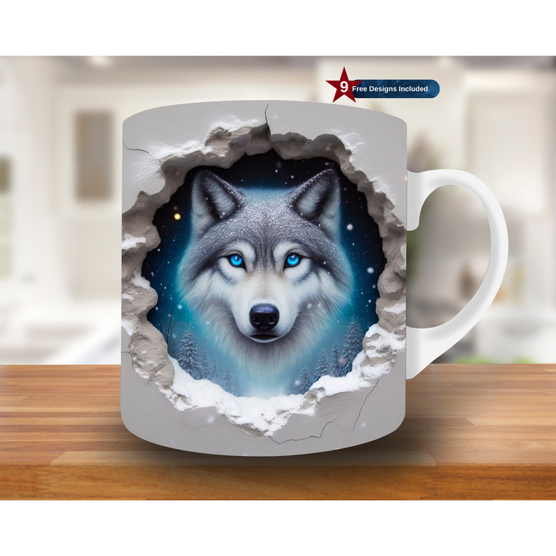 3D Wolf Hole in a Wall Mug Wrap, 11oz & 15oz Mug Template, Mug Sublimation Design, Mug Wrap Template, Digital Download PNG,wolf mug wrap png.jpg