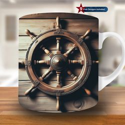 3d wooden rudder on the wall mug wrap, 11oz & 15oz mug template, mug sublimation design, mug wrap template