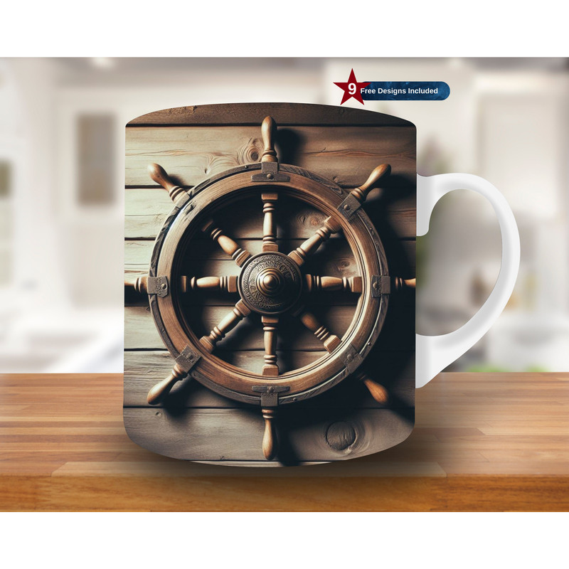3D Wooden Rudder On The Wall Mug Wrap, 11oz & 15oz Mug Template, Mug Sublimation Design, Mug Wrap Template, Digital Download PNG, ocean.jpg