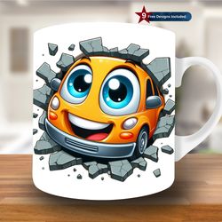 3d yellow car hole in a wall mug wrap, 11oz & 15oz mug template, mug sublimation design, mug wrap template