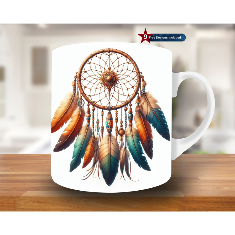 Dreamcatcher Mug Wrap, 11oz & 15oz Mug Template, Mug Sublimation Design, Mug Wrap Template, Digital Download PNG, Native American, feather.jpg