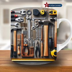 tools on wooden table mug wrap, 11oz & 15oz mug template, mug sublimation design, mug wrap template
