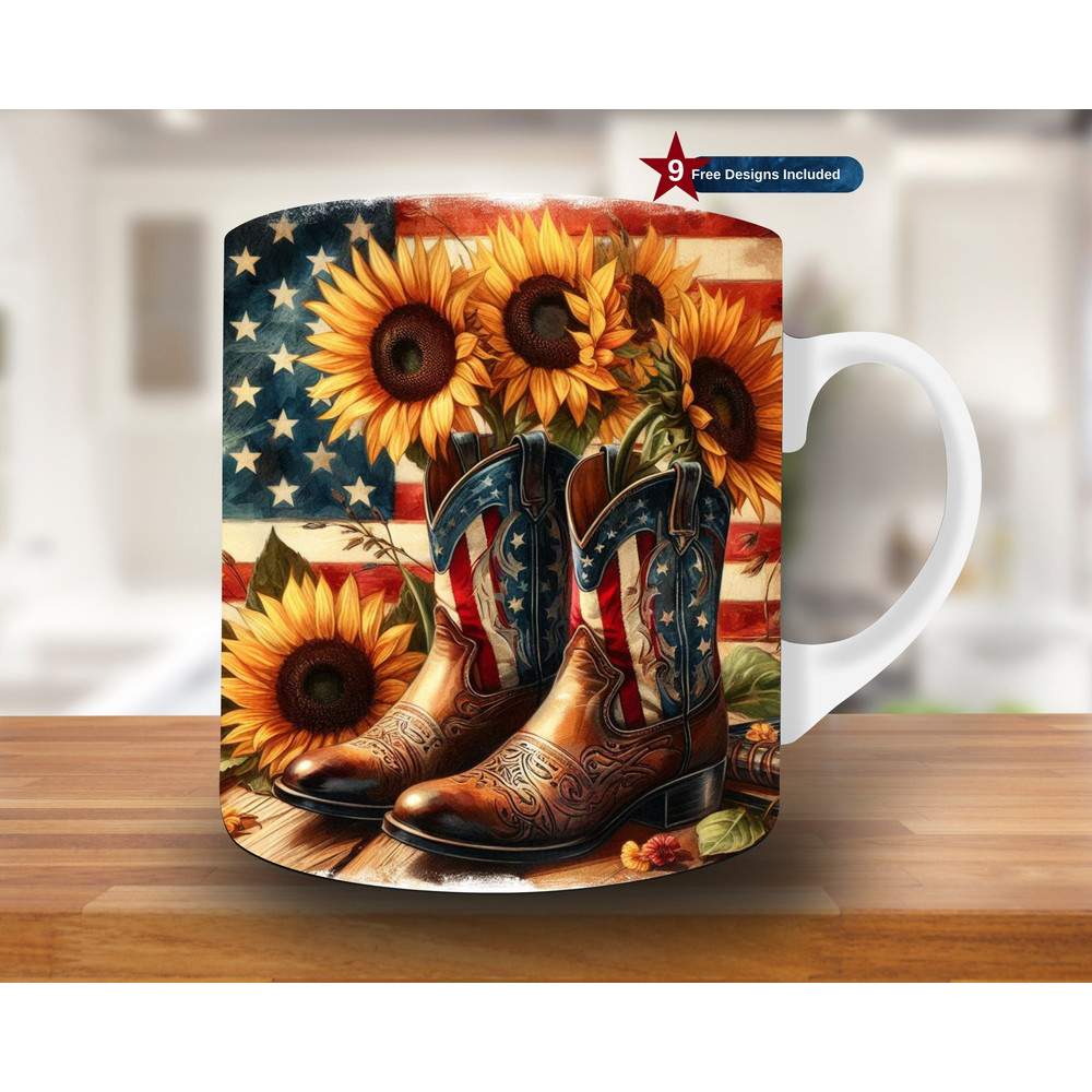 Vintage Cowboy Boots and Sunflowers Mug Wrap, 11oz & 15oz Mug Template, Mug Sublimation Design, Mug Wrap Template,Digital Download PNG.jpg