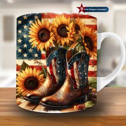 vintage cowboy boots and sunflowers mug wrap, 11oz & 15oz mug template, mug sublimation design, mug wrap template