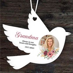 Grandma Memorial Floral Circle Photo Keepsake Gift Bird Personalised Ornament