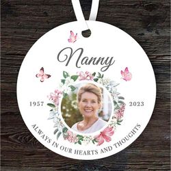 Nanny Memorial Pink Floral Butterflies Photo Keepsake Gift Personalised Ornament