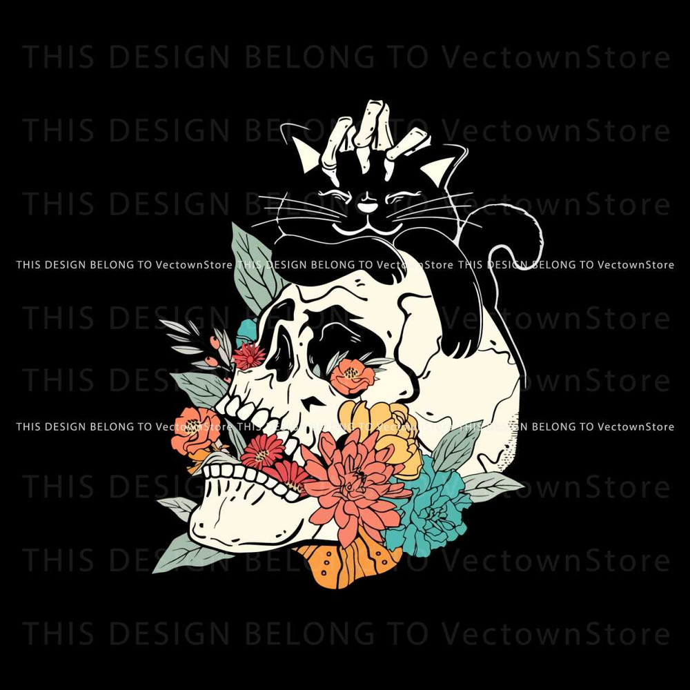 Horror Black Cat And Floral Skull SVG Graphic Design File.jpg